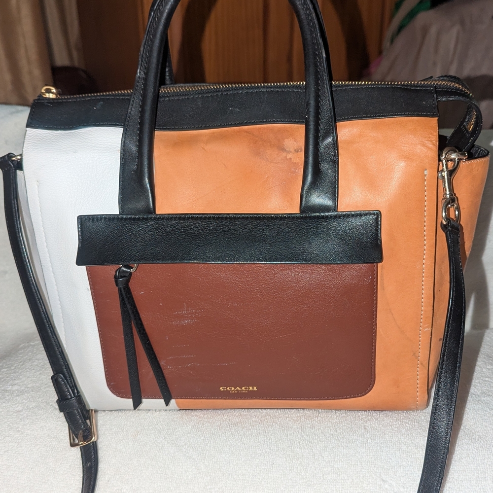 Coach Bleecker Riley Multicolor Satchel Bag - Black, White, Brown, Tan 30150
